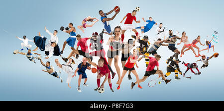 Sport collage circa kickboxing, calcio, football americano, basket, hockey su ghiaccio, badminton, taekwondo, tennis, rugby Foto Stock