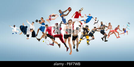 Sport collage circa kickboxing, calcio, football americano, basket, hockey su ghiaccio, badminton, taekwondo, tennis, rugby Foto Stock