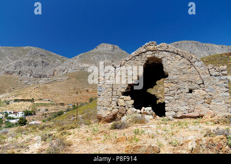 Inizio necropoli cristiana cappelle funerarie, Telendos Island, Kalymnos, isole Dodecanesi, Grecia. Foto Stock