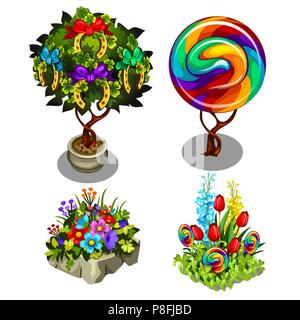 Una serie di brillanti ornato di fiori e piante e isolato su sfondo bianco. Topiaria da multicolore e bonsai. Illustrazione Vettoriale. Illustrazione Vettoriale