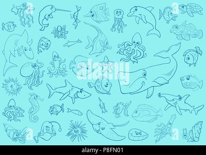 Cartoon illustrazioni di mare la vita degli animali e di pesce gruppo di caratteri di sfondo o carta di avvolgimento Illustrazione Vettoriale
