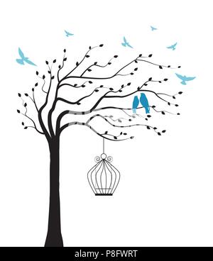 Illustrazione Vettoriale tree con uccello e della gabbia Illustrazione Vettoriale