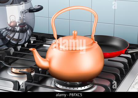 Bollitore di rame sul fornello a gas in cucina interna. Il rendering 3D Foto Stock