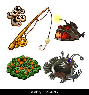 Impostare sul tema della pesca pesci predatori isolati su sfondo bianco. Cartoon pescatore di pesce. Illustrazione Vettoriale. Illustrazione Vettoriale