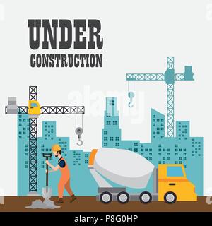 Lavoratore edile con sotto le icone di costruzione Illustrazione Vettoriale