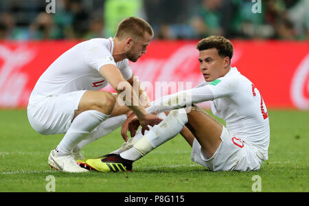 L'Inghilterra del dele Alli e Eric Dier dopo aver perso la Coppa del Mondo FIFA, Semi finale corrisponde al Luzhniki Stadium di Mosca. Foto Stock