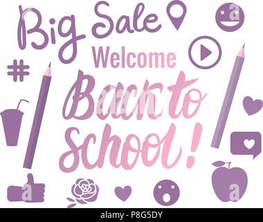 Impostare Benvenuti Torna a scuola, grande vendita scritte a mano con le icone. I bambini di vettore del design in colori moderni. Illustrazione Vettoriale