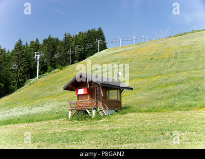 Seggiovia su una pista da sci coperta in estate con erba selvatica fiori gialli di Les Gets Haute-Savoie Portes du Soleil Francia Foto Stock