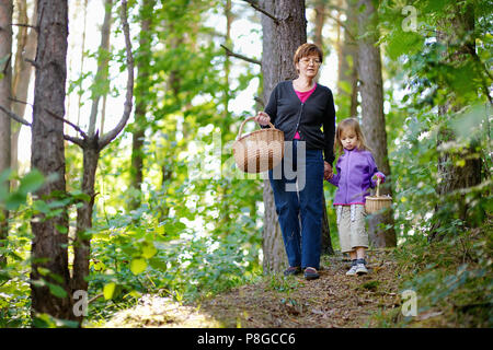 Nonna e la nipote di bacche di prelievo nella foresta Foto Stock