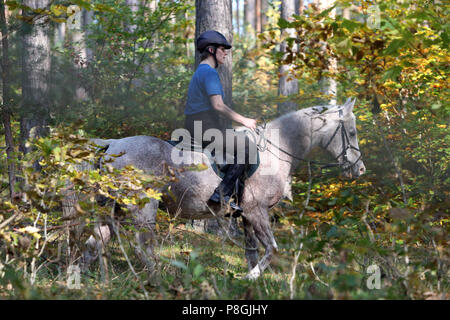 Zernikov, donna è cavalcare il suo cavallo nel passaggio attraverso una foresta Foto Stock