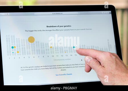 Risultati di un home test del DNA (23andMe) che mostrano varianti genetiche su vari cromosomi che sono associati con avente una vedova della linea di demarcazione di picco Foto Stock