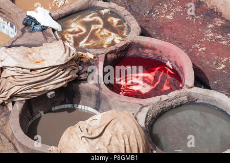 In pelle di pittura presso la conceria l antica con prodotti naturali come zafferano, papavero,ceder e indigo a Fez, in Marocco. Foto Stock