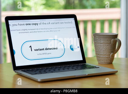 Risultati di un home test del DNA (23andMe) mostra la persona ha una copia della mutazione APOE correlato con il rischio aumentato per late-onset morbo di Alzheimer Foto Stock