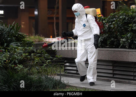 Hong Kong, Cina, uomo spray insetticidi su una boccola Foto Stock