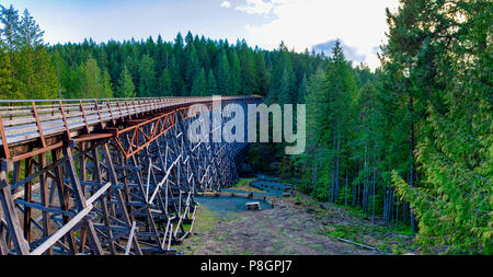 Vista panoramica di Kinsol traliccio in legno ponte ferroviario in Isola di Vancouver, BC Canada. Foto Stock