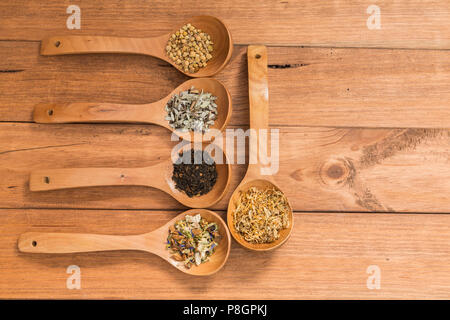 Cucchiai di legno con diverse erbe per infusione, in stile rustico, su sfondo di legno. Foto Stock