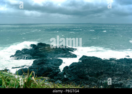 Wild onde che si infrangono sulle rocce in mare presso Tsumekizaki parco vicino Shimoda, Penisola di Izu, Giappone Foto Stock