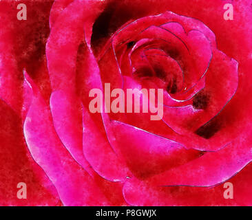Closeup red rose arte, pittura digitale creato a mano utilizzando diverse tecniche per assomigliare ad acquerello su carta. Foto Stock