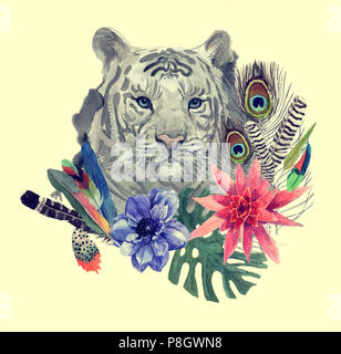 Vintage stile indiano tiger modello di testa con le piume, fiori e foglie. Acquerello disegnata a mano illustrazione. Foto Stock