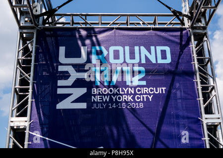 New York, Stati Uniti d'America. 11 Luglio, 2018. Fervono i preparativi in vista del 2018 NYC E-Prix. Credito: Lou Johnson / Spacesuit Media. Credito: Spacesuit Media/Alamy Live News Foto Stock