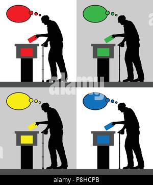 Uomo vecchio elettore con sagome colorate differenti bolle di pensiero votando per elezione. Tutti gli oggetti di silhouette e gli sfondi sono in diverse la Illustrazione Vettoriale