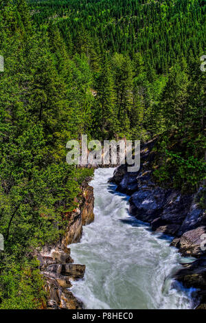 La bellezza naturale del fiume di Bull, ad alto livello, che infuria thru ruggd canyon di montagna, nella British Columbia, Canada. Foto Stock