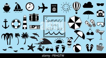 Il vettore in bianco e nero estate viaggio o vacanza spiaggia grande icona set isolato su sfondo blu. Monocromatico clip art icone per il design. Semplice silhouet Illustrazione Vettoriale