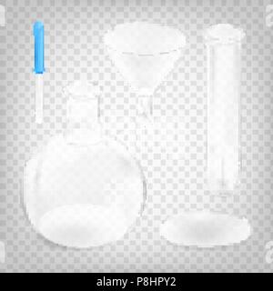 Stock illustrazione vettoriale strumenti chimici impostare isolata su uno sfondo trasparente. Pallone di chimica, la pipetta, imbuto di vetro da laboratorio. EPS10 Illustrazione Vettoriale