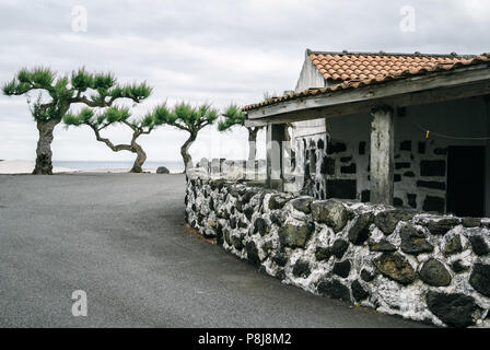 Una casa tradizionale realizzato con scure rocce vulcaniche in un villaggio sull isola Pico, Azzorre, Portogallo. Foto Stock