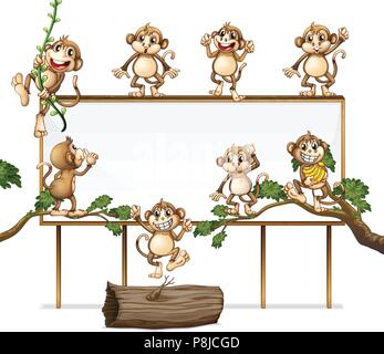 Un segno bianco bordo con giocoso illustrazione di scimmia Illustrazione Vettoriale