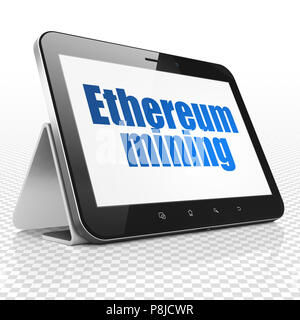 Concetto Blockchain: Computer tablet con Ethereum Mining sul display Foto Stock