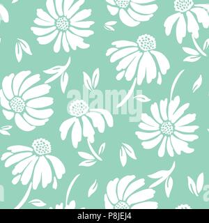 Bold graphic su larga scala vettore floreali seamless pattern. Semplicistico oversized disegnati a mano fioriture bianche su sfondo menta. Retrò fiori stilizzati Illustrazione Vettoriale