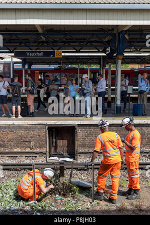 La guida della rete dei lavoratori sulle vie di effettuare riparazioni tot egli railway. rail opere di ingegneria. Foto Stock