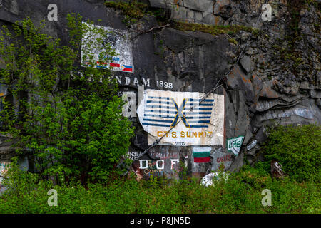 Nave parete firma, Skagway, Alaska, Stati Uniti, STATI UNITI D'AMERICA, Martedì 22 Maggio, 2018. Foto Stock