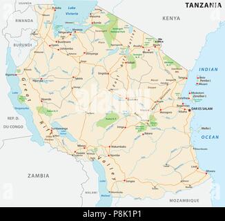 Repubblica Unita di Tanzania road mappa vettoriale Illustrazione Vettoriale