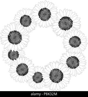 Ghirlanda di girasole delineare isolati su sfondo bianco. Illustrazione Vettoriale. Illustrazione Vettoriale