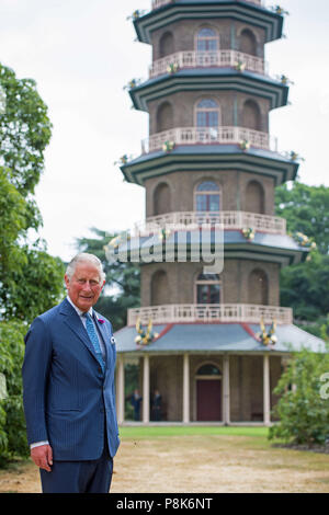 Il Principe di Galles durante una visita al Royal Botanic Gardens di Kew, Londra, per celebrare il recentemente restaurato casa clima temperato e il tour della restaurata Grande Pagoda. Foto Stock
