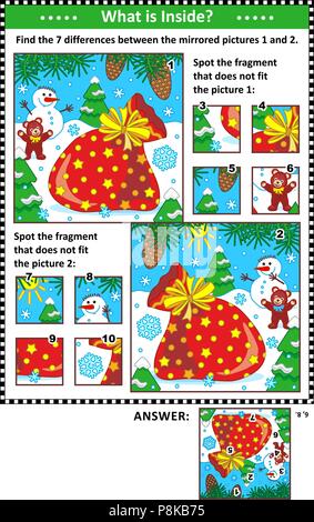 Anno nuovo o il Natale visual puzzle con Santa il sacco. Trovare le differenze tra le immagini speculari. Spot di frammenti di sbagliato. Le risposte sono inclusi. Illustrazione Vettoriale