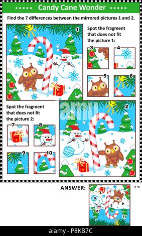 Anno nuovo o il Natale visual puzzle con candy cane, pupazzo di neve e Owl. Trovare le differenze tra le immagini speculari. Spot di frammenti di sbagliato. Illustrazione Vettoriale
