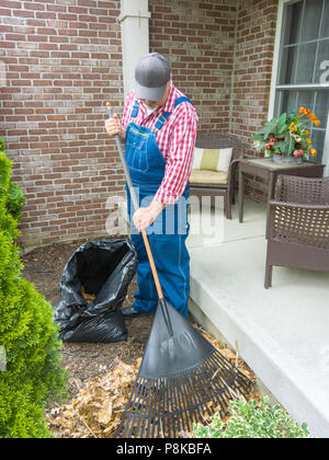 Uomo che fa del cantiere di mantenimento a casa a rastrellare le foglie nella parte anteriore della sua casa con un giardino rastrello e borsa nera Foto Stock