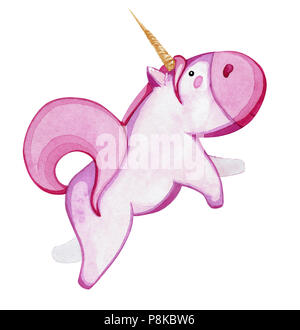 Pink unicorn isolati su sfondo bianco. Disegno con acquarello. Foto Stock