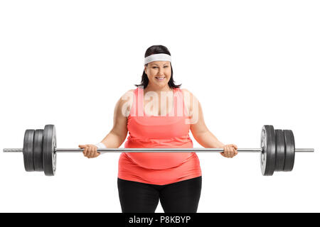 Donna sovrappeso sollevamento di un barbell isolati su sfondo bianco Foto Stock