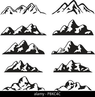 Set di vettore di nero e di bianco silhouette di montagna icone. logo collection di rocky neve montagne Illustrazione Vettoriale