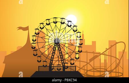 Vettore sagome di una città e un parco di divertimenti con circus, ruota panoramica Ferris e ottovolante Illustrazione Vettoriale