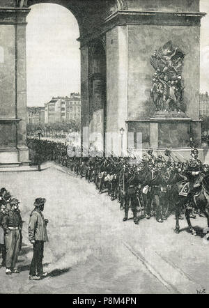 Truppe tedesche, passando sotto l'Arco di Trionfo, Parigi Francia, 1 marzo 1871, a seguito della vittoria prussiana nella guerra franco-prussiana Foto Stock