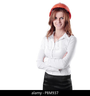 Ritratto di una giovane donna architetto nel casco arancione Foto Stock