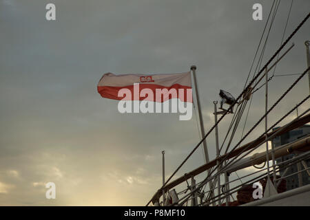 Sventola bandiera della Repubblica di Polonia sul cielo nuvoloso (marine versione) Foto Stock