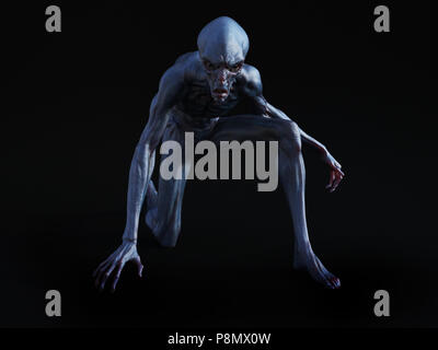 Ritratto di una creatura aliena accovacciato e guardando molto arrabbiato, pronti ad attaccare, rendering 3D. Sfondo nero. Foto Stock