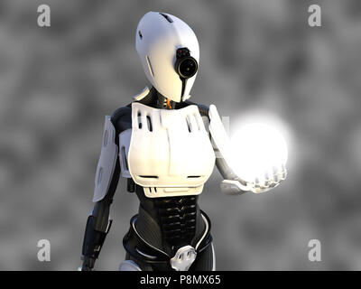 3D rendering di un robot androide femmina tenendo una sfera incandescente di energia o la luce nella sua mano contro uno sfondo grigio. Foto Stock
