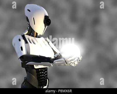 3D rendering di un robot androide femmina tenendo una sfera incandescente di energia o la luce nella sua mano contro uno sfondo grigio. Foto Stock